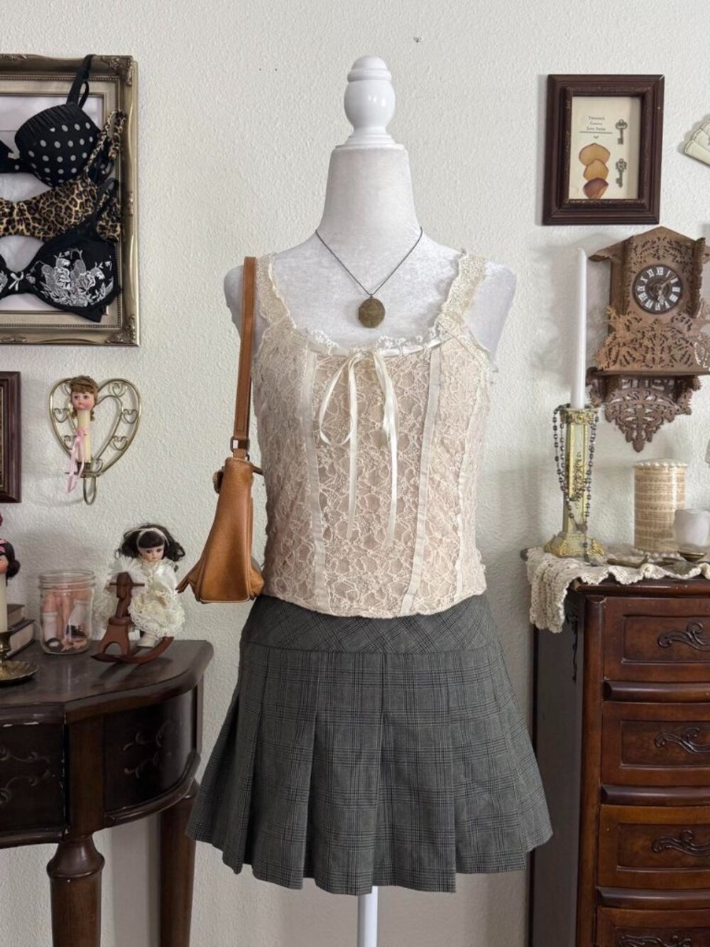 Y2k girly grunge preppy green plaid pleated mini low rise skirt